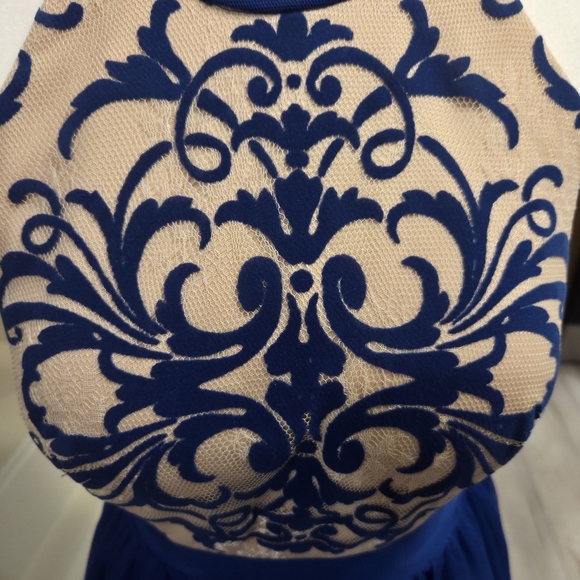 Blondie Nites Royal Blue & Cream Halter Style Neckline Fit & Flare Chiffon Mini - Picture 7 of 10